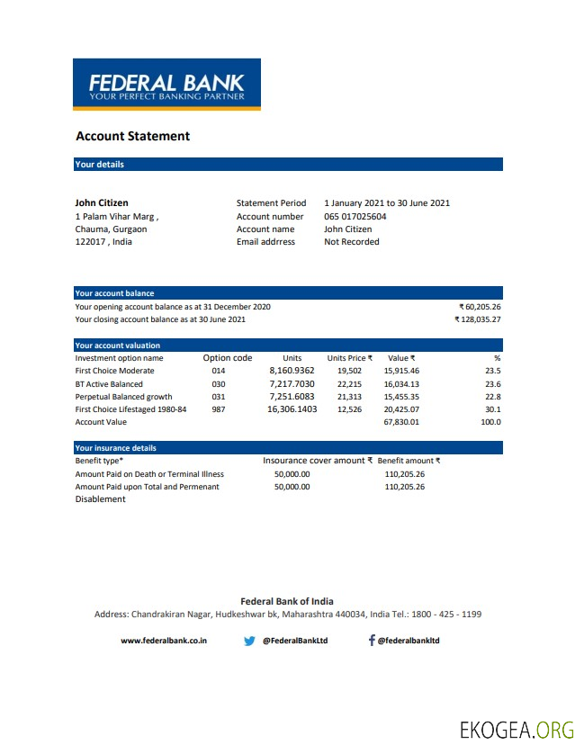 Modèle de relevé de la Banque fédérale indienne facile à remplir au format de fichier .xls et .pdf
